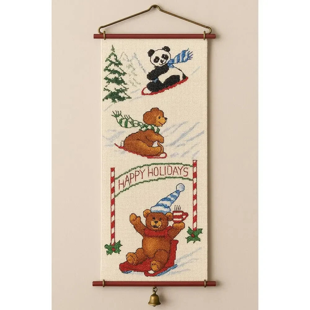 Vintage 1986 Traditions Cross Stitch Kit Racing Bears Holiday Bellpull Sealed